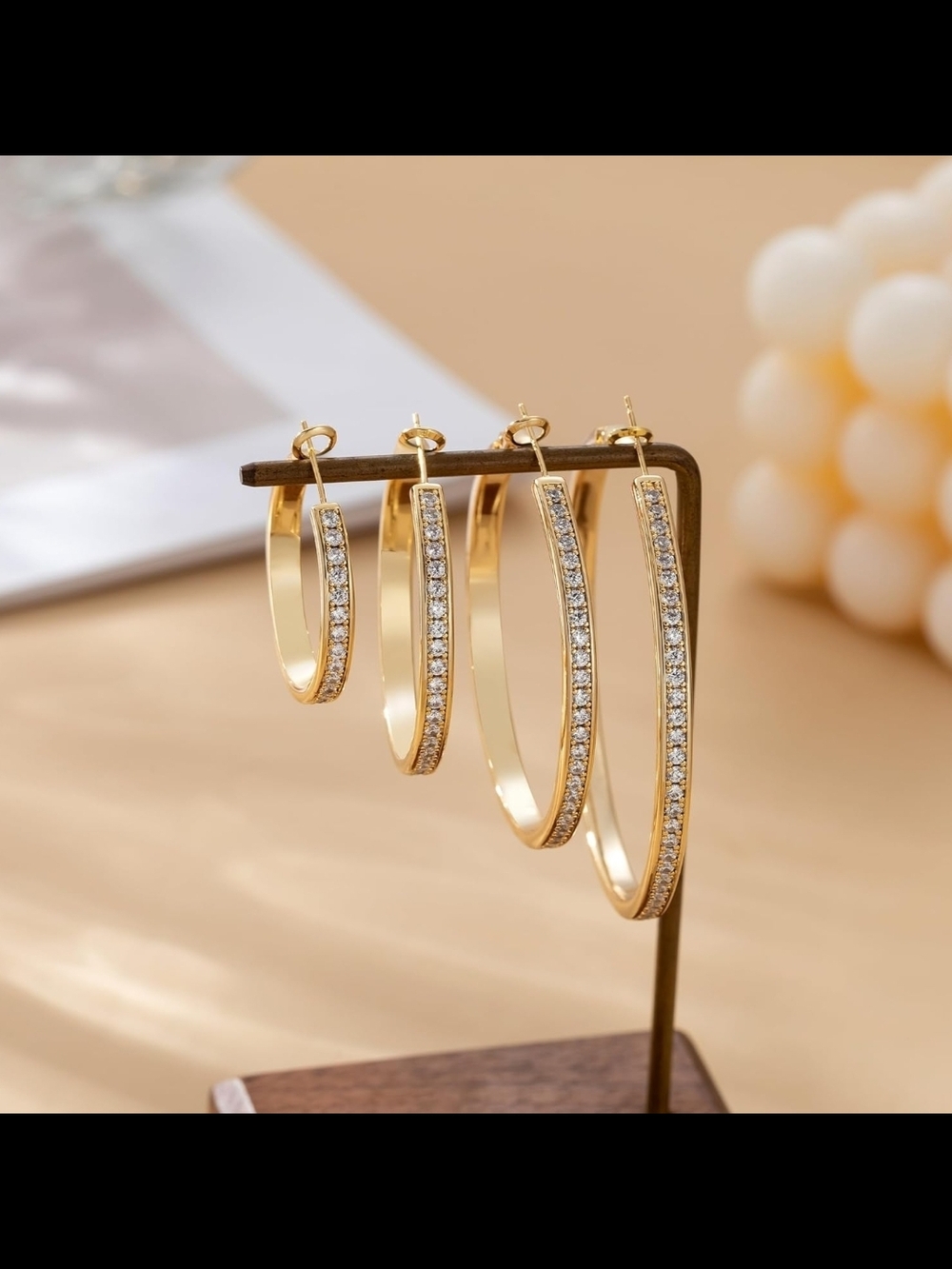 Gold Rhinestone Large Hoop Earrings - Picture 2 of 3
